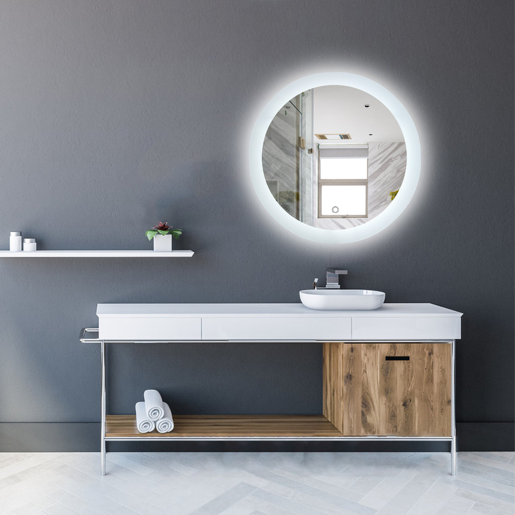 Dim Gray LED Lighted Bathroom Wall Mounted Mirror with High Lumen+Anti-Fog Separately Control+Dimmer Function