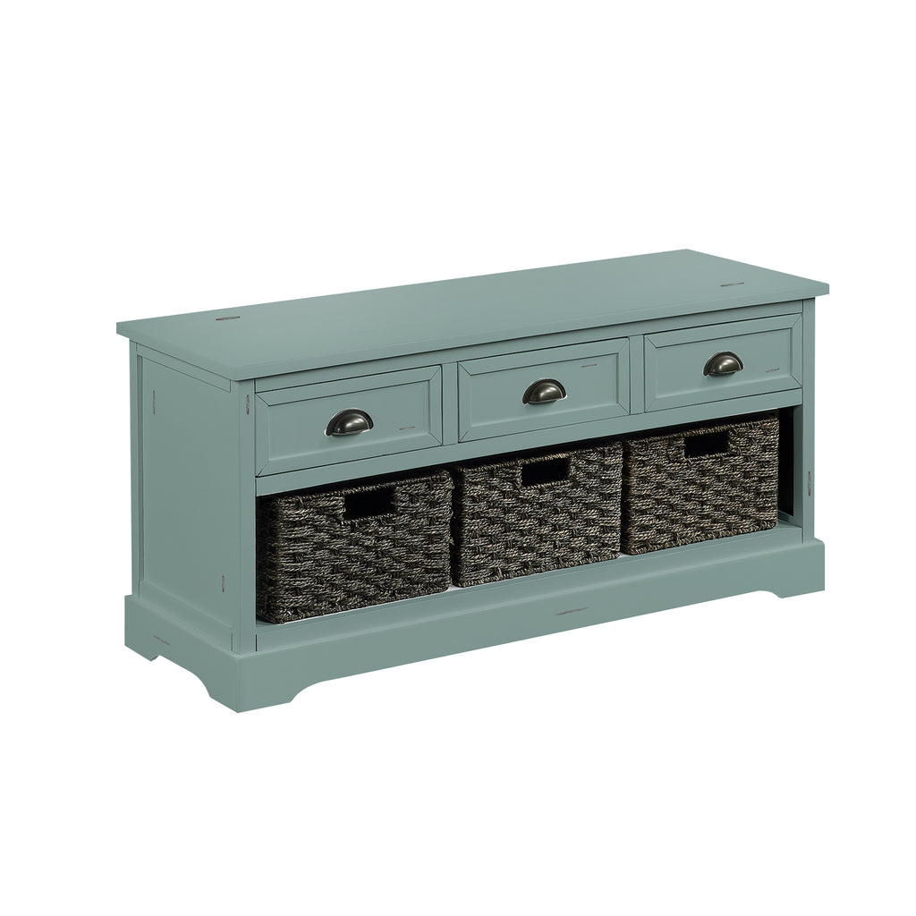 Light Slate Gray Wicker Storage Bench with 3 Drawers and 3 Woven Baskets