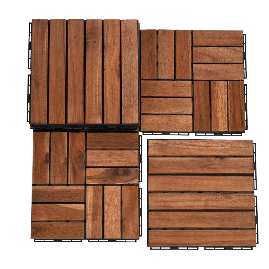 Sienna 12" x 12" Square Acacia Wood Interlocking Flooring Tiles Striped Pattern (Pack of 10 Tiles)