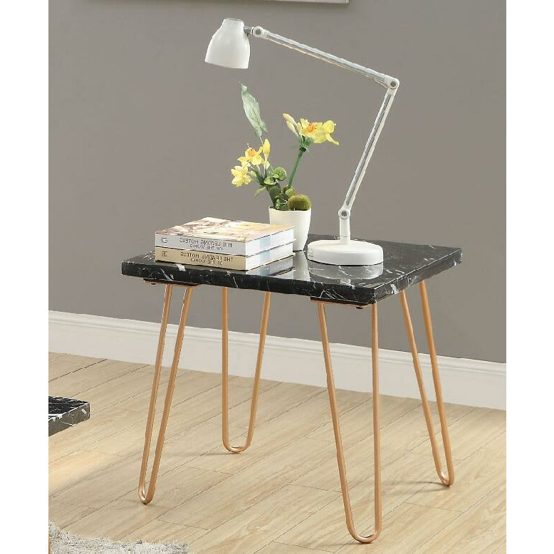 Rosy Brown Marble Top Metal V-Shape Leg End Table Side Desk Nightstand Bedroom