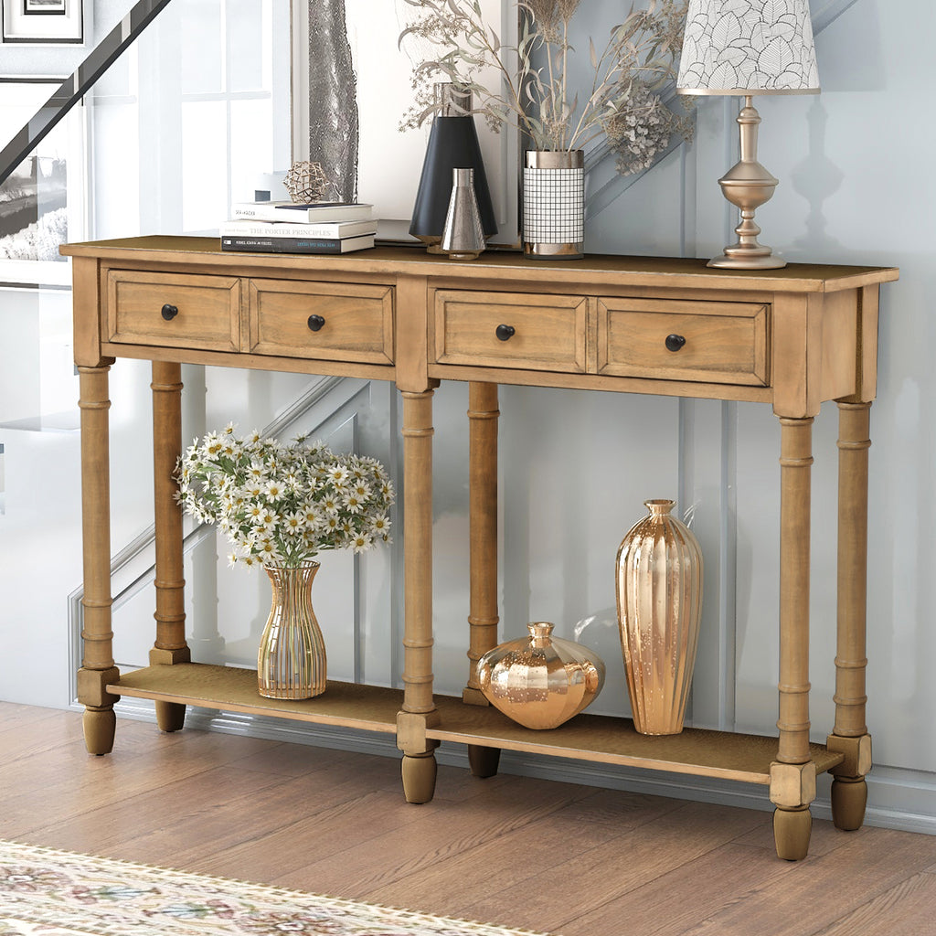 Dark Khaki Console Table Sofa Table with Two Storage Drawers and Bottom Shelf