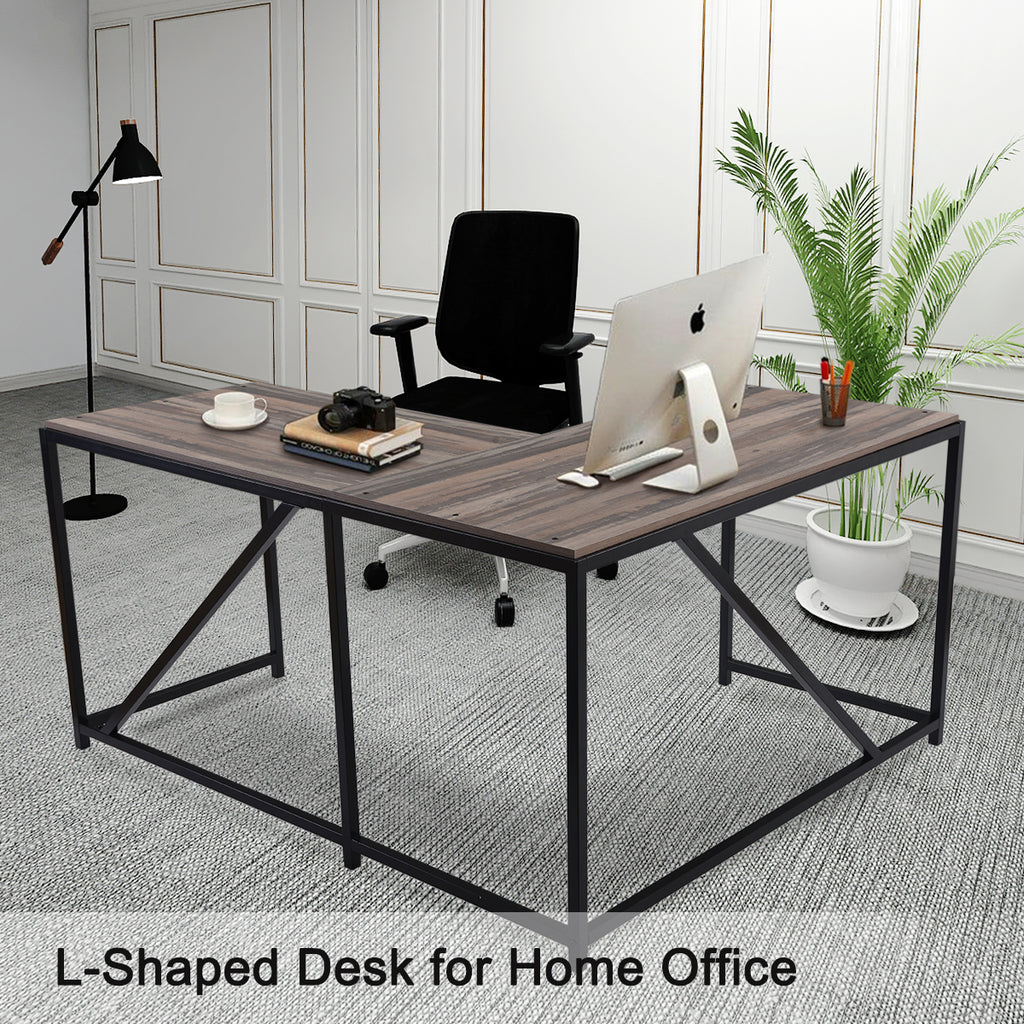 Dim Gray L-Shaped Computer Desk with Modern Style and MDF Board Walnut Home Office BH192849