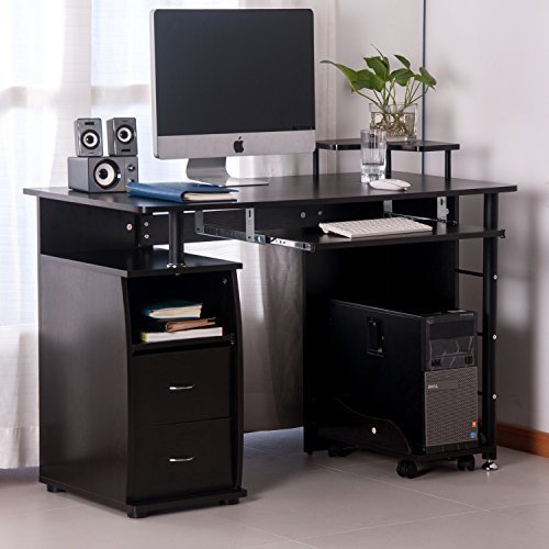 Black Home Office Computer Desk Table with Keyboard Tray and Drawers