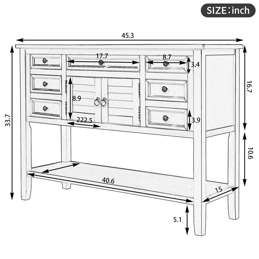 45" Modern Console Table Sofa Table for Living Room with 7 Drawers, 1 Cabinet and 1 Shelf Size