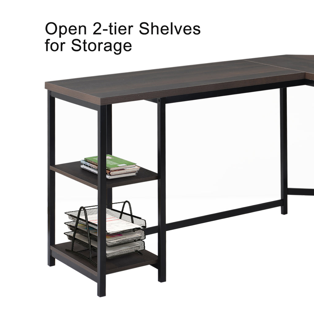 Black L-Shaped Computer Desk with 2-Tier Storage Shelves for Home Office