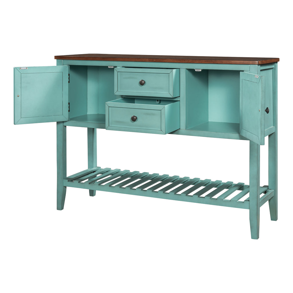 Cadet Blue Console Table Sideboard with Shutter Doors Two Storage Drawers and Bottom Shelf
