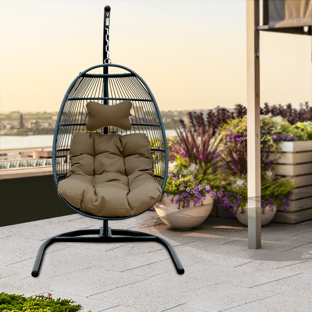 Dark Olive Green Outdoor Patio Hanging Basket Single Seat Swing Chair Classic Egg Chair with Cushion and Stand
