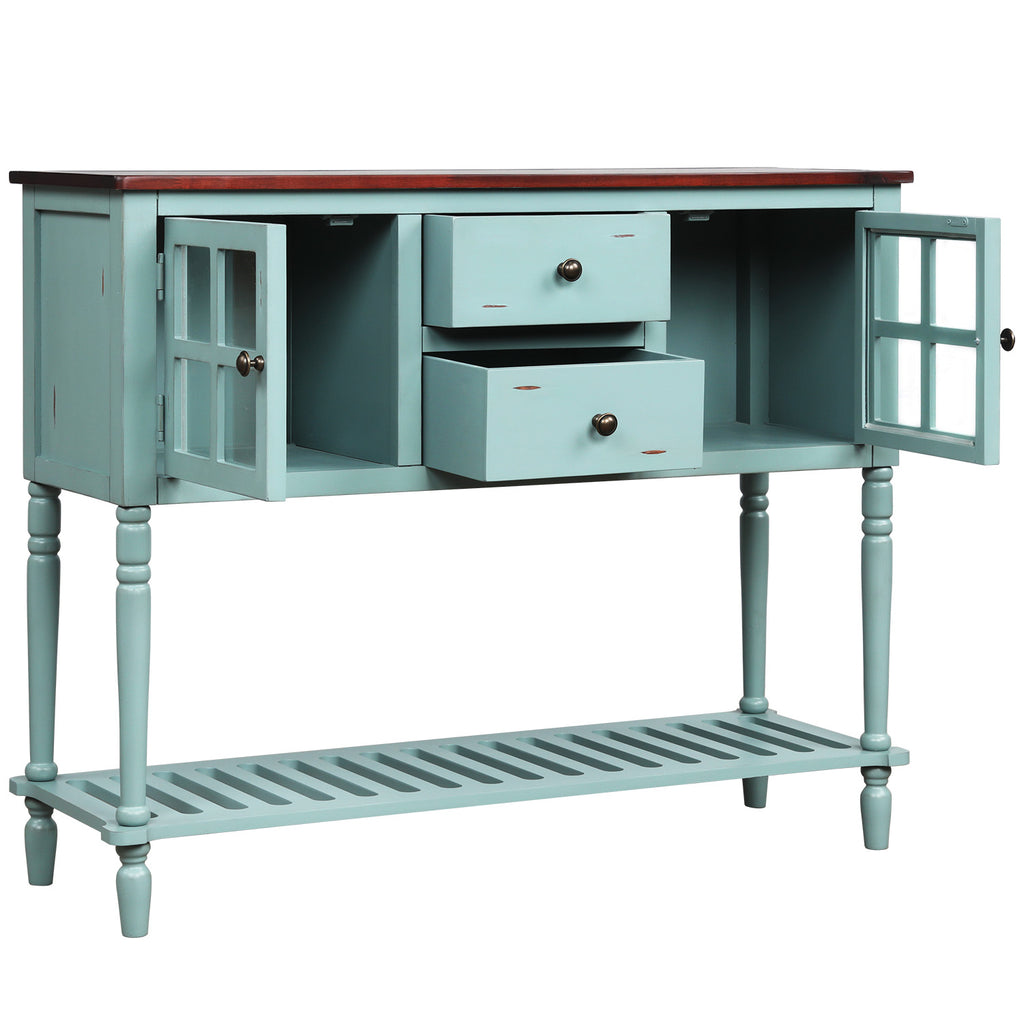 Light Steel Blue Sideboard Console Table with Bottom Shelf with Glass Buffet Storage Cabinet