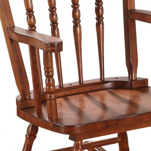 Saddle Brown Wooden Rocking Chair Patio Chair Hollow Backrest in Tobacco