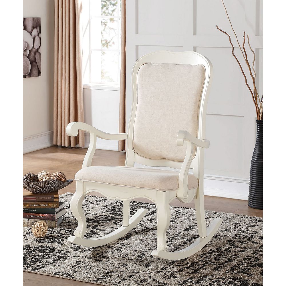 Light Gray Wooden Rocking Chair Patio Chair Tall Backrest in Fabric & Antique White