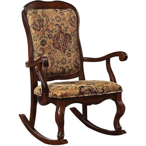 Dark Olive Green Wooden Rocking Chair Patio Chair Tall Backrest in Fabric & Cherry