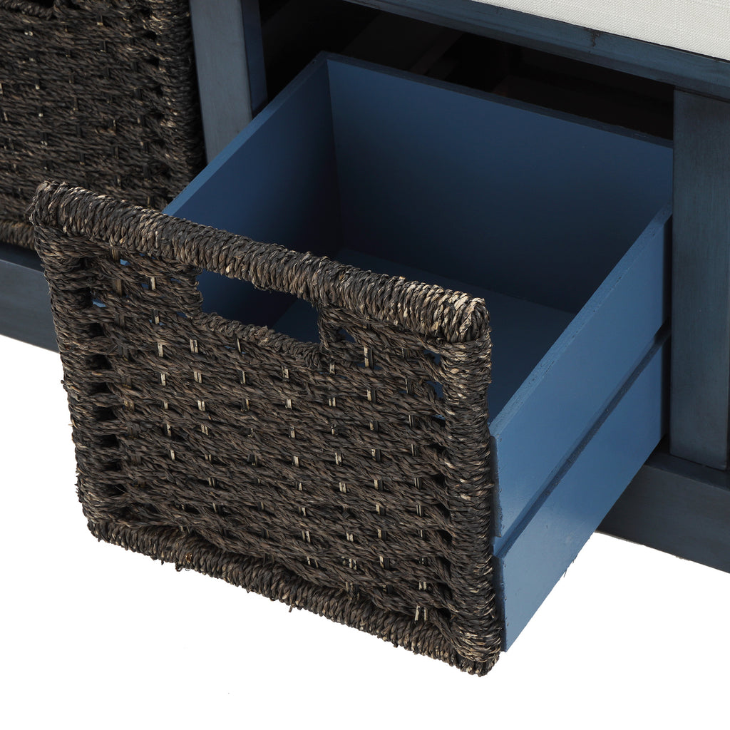 Dark Slate Gray Rustic Storage Bench with 3 Removable Classic Fabric Basket + Removable Cushion
