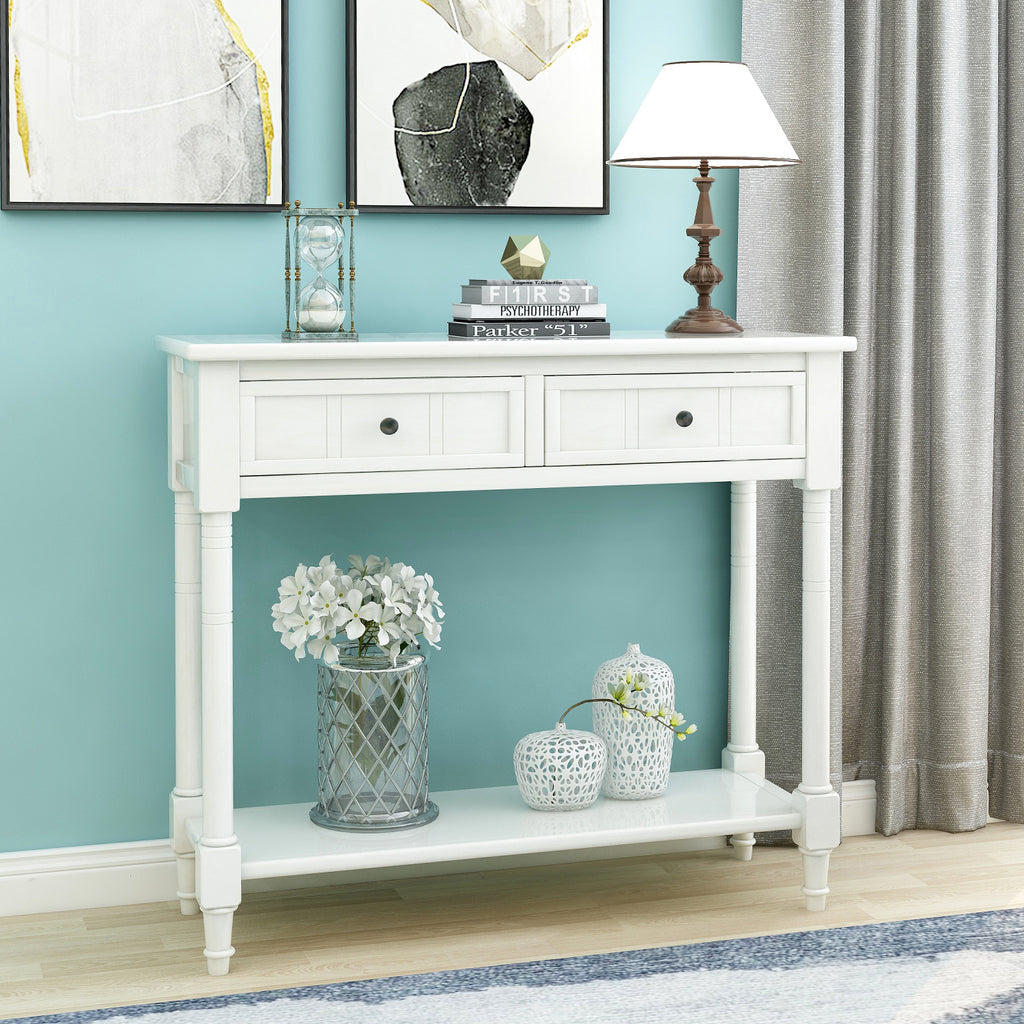 Cadet Blue Console Table Traditional Design with Two Drawers and Bottom Shelf Acacia Mangium