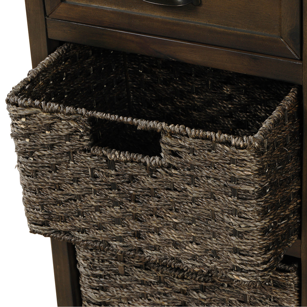Dark Olive Green Rustic Storage Cabinet with Two Drawers and Four Classic Fabric Basket