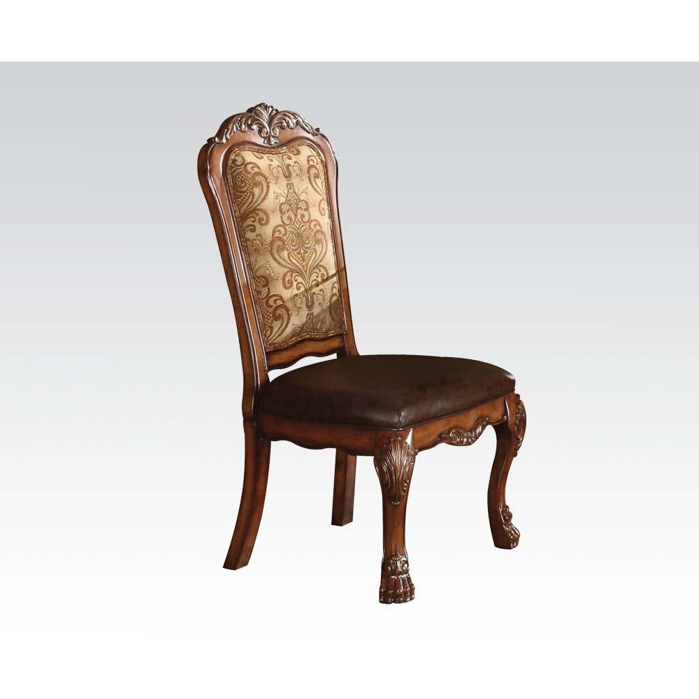 Dark Olive Green Raised Floral Trim Dining Side Chairs w/Wooden Claw Front Leg in PU & Cherry Oak - Set Of 2 BH60012