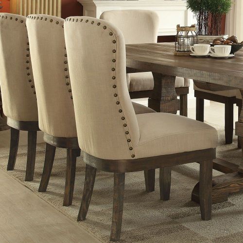 Dim Gray 2 Counts - Wingback Dining Chair Side Chair Nail Head Trim in Beige Linen & Salvage Brown