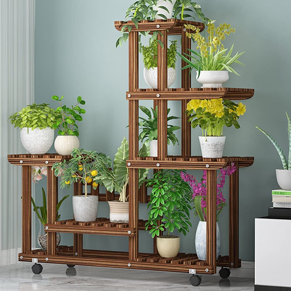 Light Slate Gray Pine Wood Plant Stand, Plant Display Rack, Multi Tier Plant Shelves, Indoor& Outdoor Garden Plant Shelf Rack for Living Room Balcony Patio Yard (Caster Wheels Included)