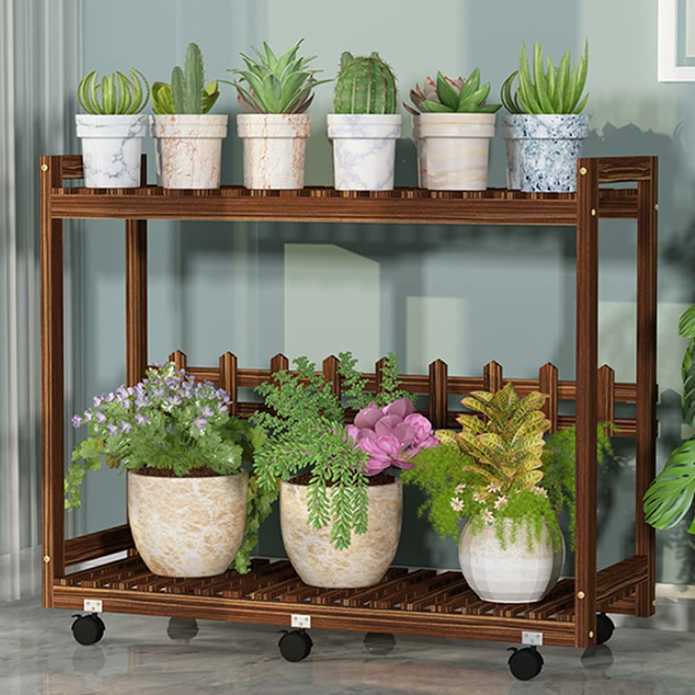 Dim Gray 2 Tier Rectangular Pine Wood Plant Stand  with Storage Shelves, 32" H