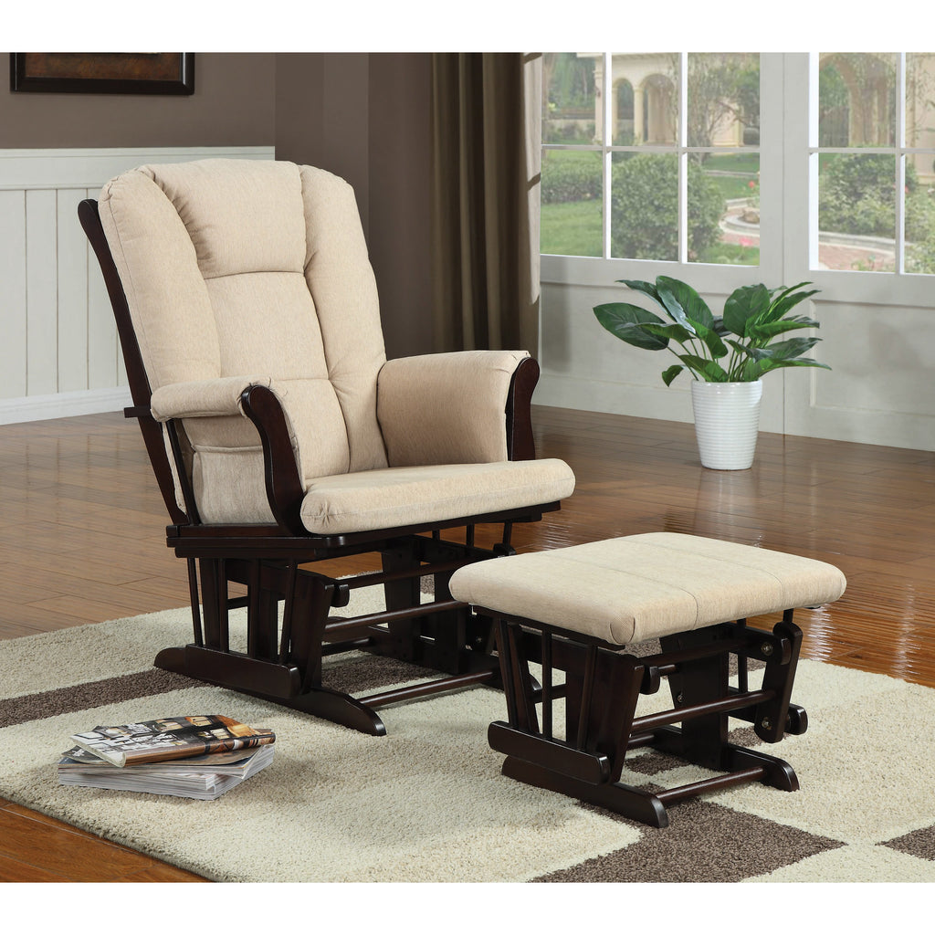 Black Coaster 650011 Upholstered Glider With Ottoman Beige And Espresso