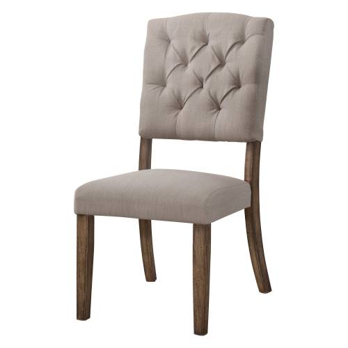 Rosy Brown Button Tufted Armless Dining Side Chairs w/Wooden tapered Legs in Cream Linen & Weathered Oak - 2 Counts
