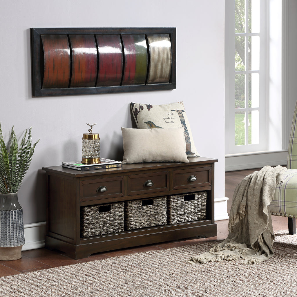 Dark Slate Gray Wicker Storage Bench with 3 Drawers and 3 Woven Baskets