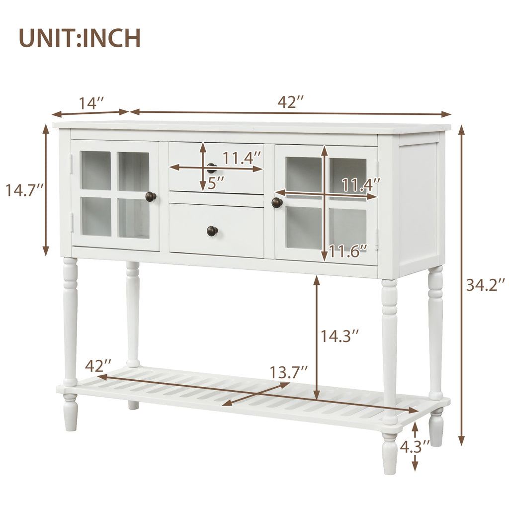 Beige Sideboard Console Table with Bottom Shelf with Glass Buffet Storage Cabinet