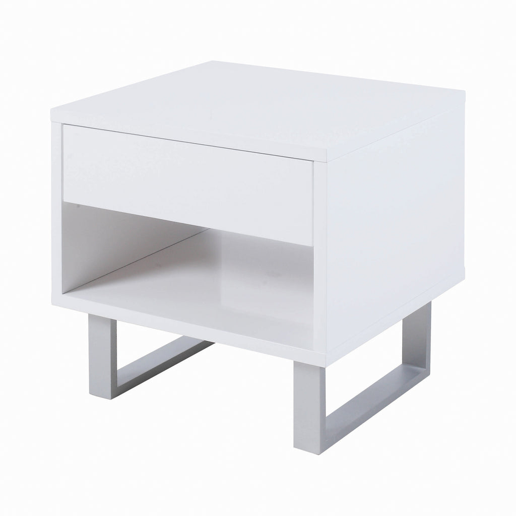 Lavender Coaster 1-Drawer U-shaped Legs End Table High Glossy White Light Finish Top