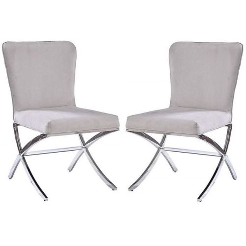 Gray Daire Side Chair With Metal X-Shape Legs in Velvet & Chrome, Set of 2