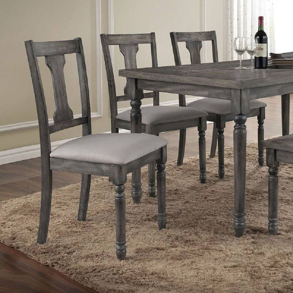 Dark Gray Wooden Hollow Backrest Armless Side Chairs in Tan Linen & Weathered Gray Set Of 2