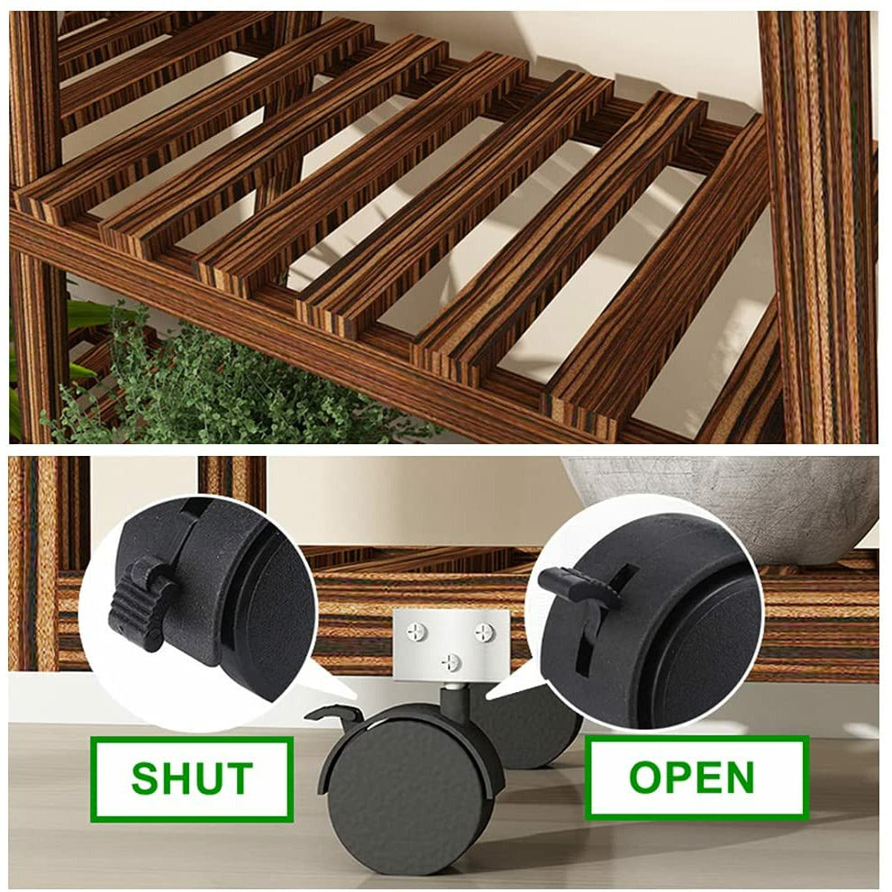 Dark Slate Gray Pine Wood Plant Stand, Plant Display Rack, Multi Tier Plant Shelves, Indoor& Outdoor Garden Plant Shelf Rack for Living Room Balcony Patio Yard (Caster Wheels Included)