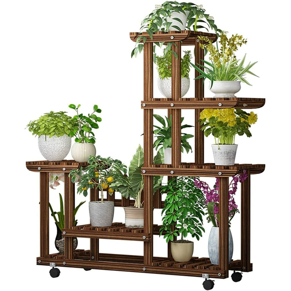Dark Olive Green Pine Wood Plant Stand, Plant Display Rack, Multi Tier Plant Shelves, Indoor& Outdoor Garden Plant Shelf Rack for Living Room Balcony Patio Yard (Caster Wheels Included)