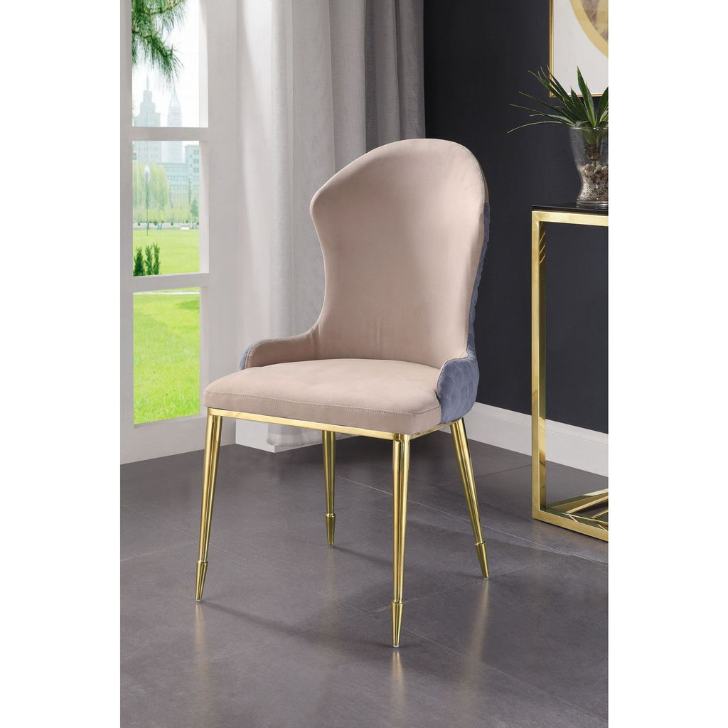 Wingback Side Chair With Sloped Low Armrest Tan Lavender Fabric & Gold 