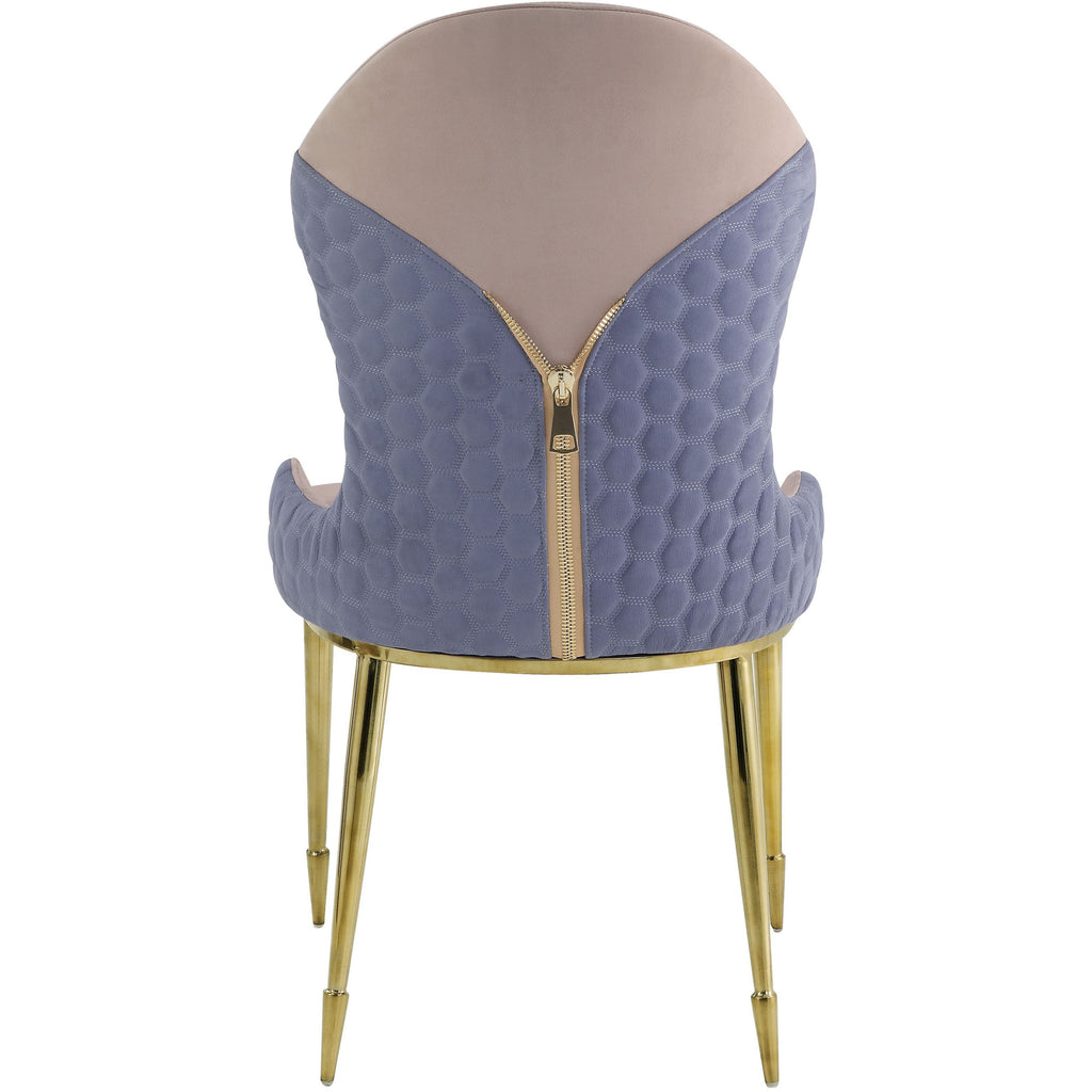Wingback Side Chair With Sloped Low Armrest Zipper Back Tan Lavender Fabric & Gold 
