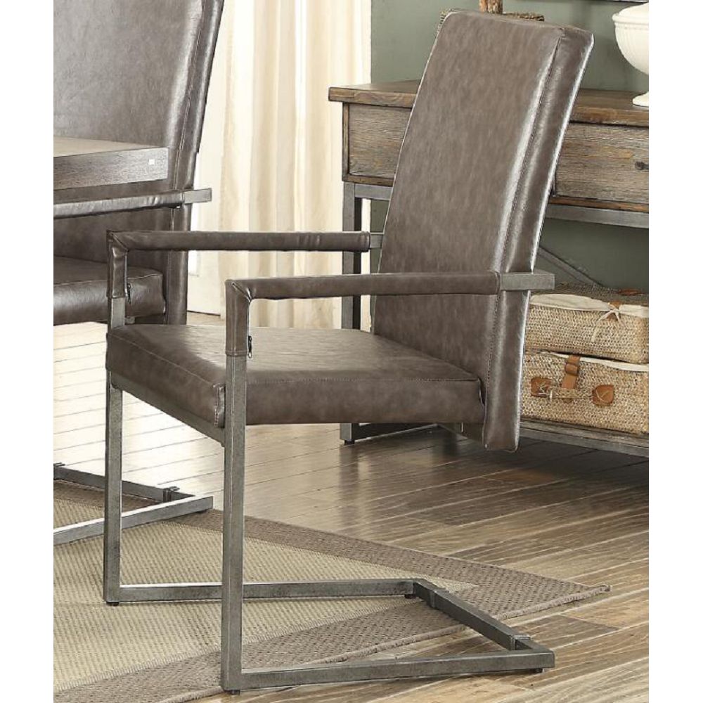Dark Olive Green 40" High Backrest Arm Chair With Metal Base in Vintage Gray PU & Antique/Set of 2(Silver）