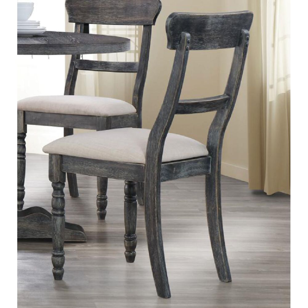 Rosy Brown Hollow Back Wooden Side Chair Dining Room in Light Brown Linen & Weathered Gray - Set Of 2