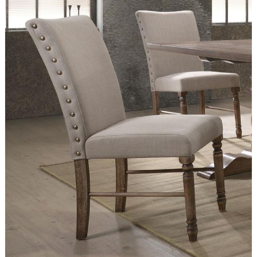 Dim Gray 38 " High Back Armless Nailhead Side Chair With Footrest in Cream Linen & Weathered/ Set of 2(Oak)