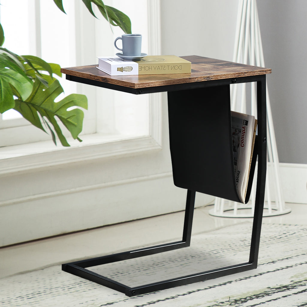 Black Industrial Side Table With Metal Frame Mobile Snack Table for Coffee Laptop Tablet