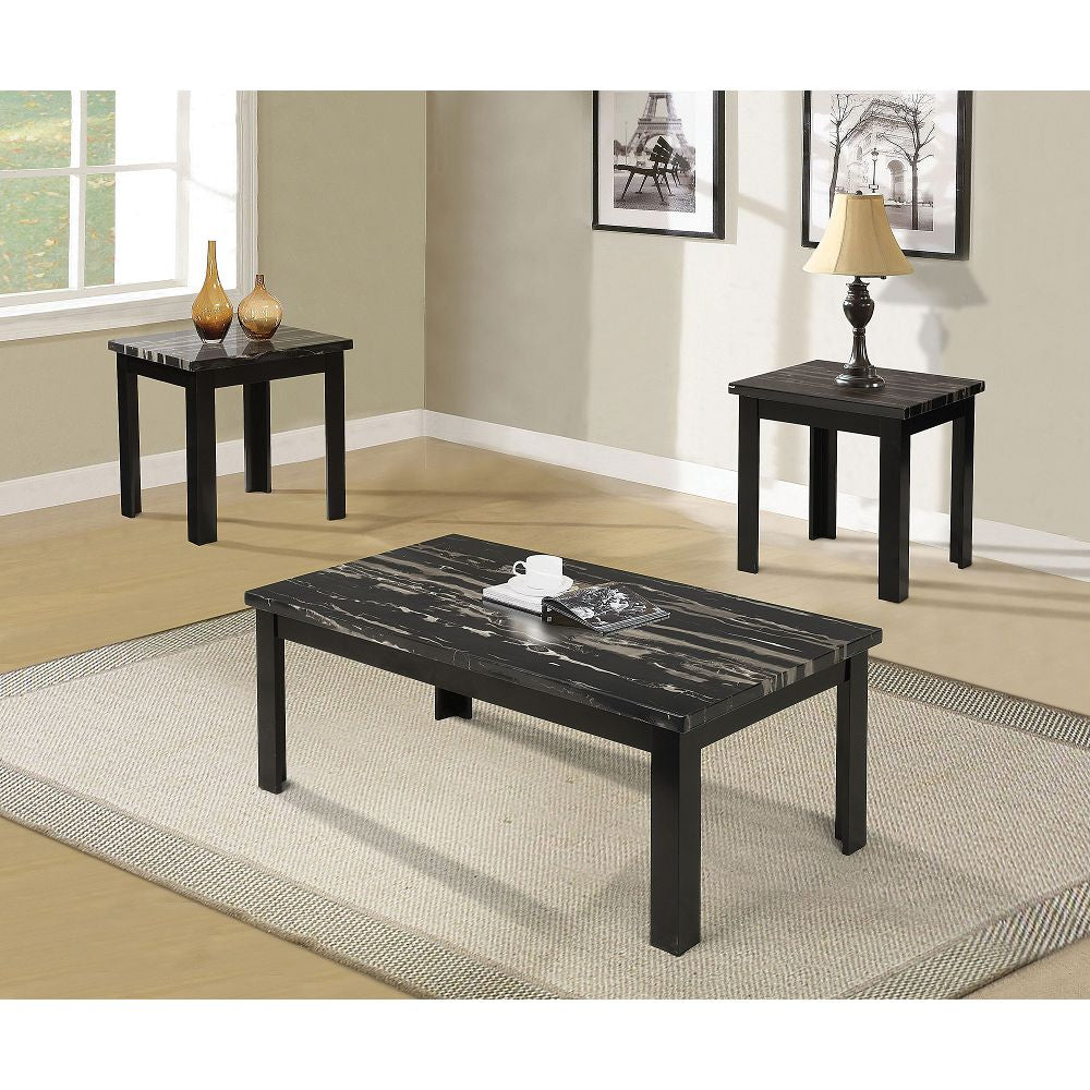 Rosy Brown Occasional Coffee/End Table Set Sides Desk in Faux Marble & Black - 3 Count