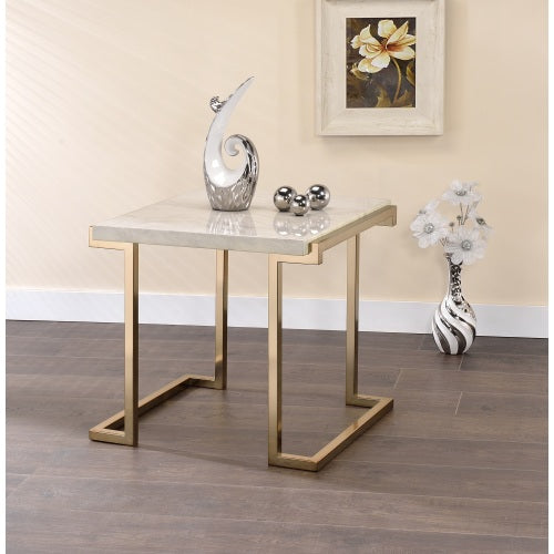 Gray Boice II  End Table Side Table With Metal Leg in Faux Marble & Champagne