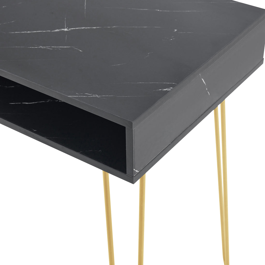 Beauty Table Side End Table Modern Marble MDF Top With Sturdy Gold Metal Legs Black - Top