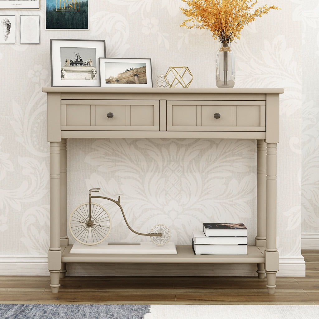 Gray Console Table Traditional Design with Two Drawers and Bottom Shelf Acacia Mangium