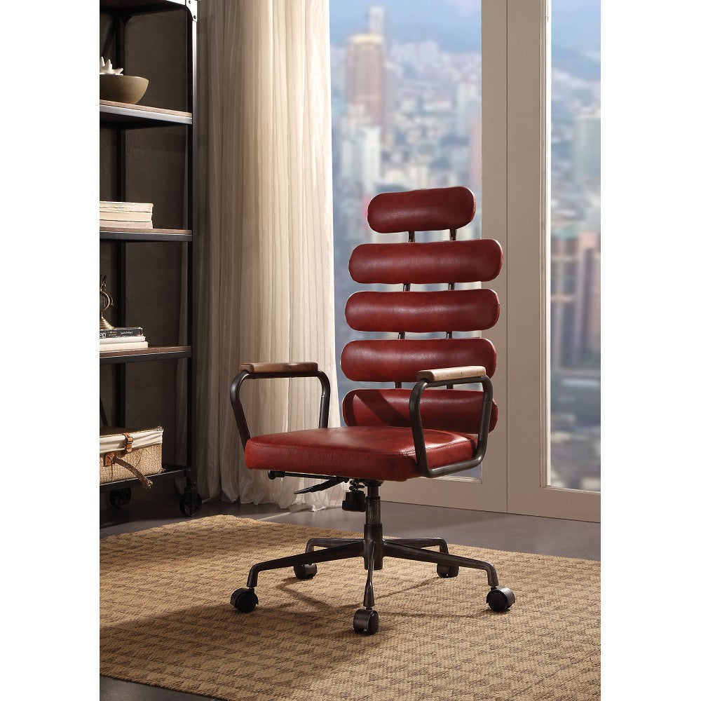 Executive Arm Office Chair High Back With Horizontal Panels in Vintage Red Top Grain Leather