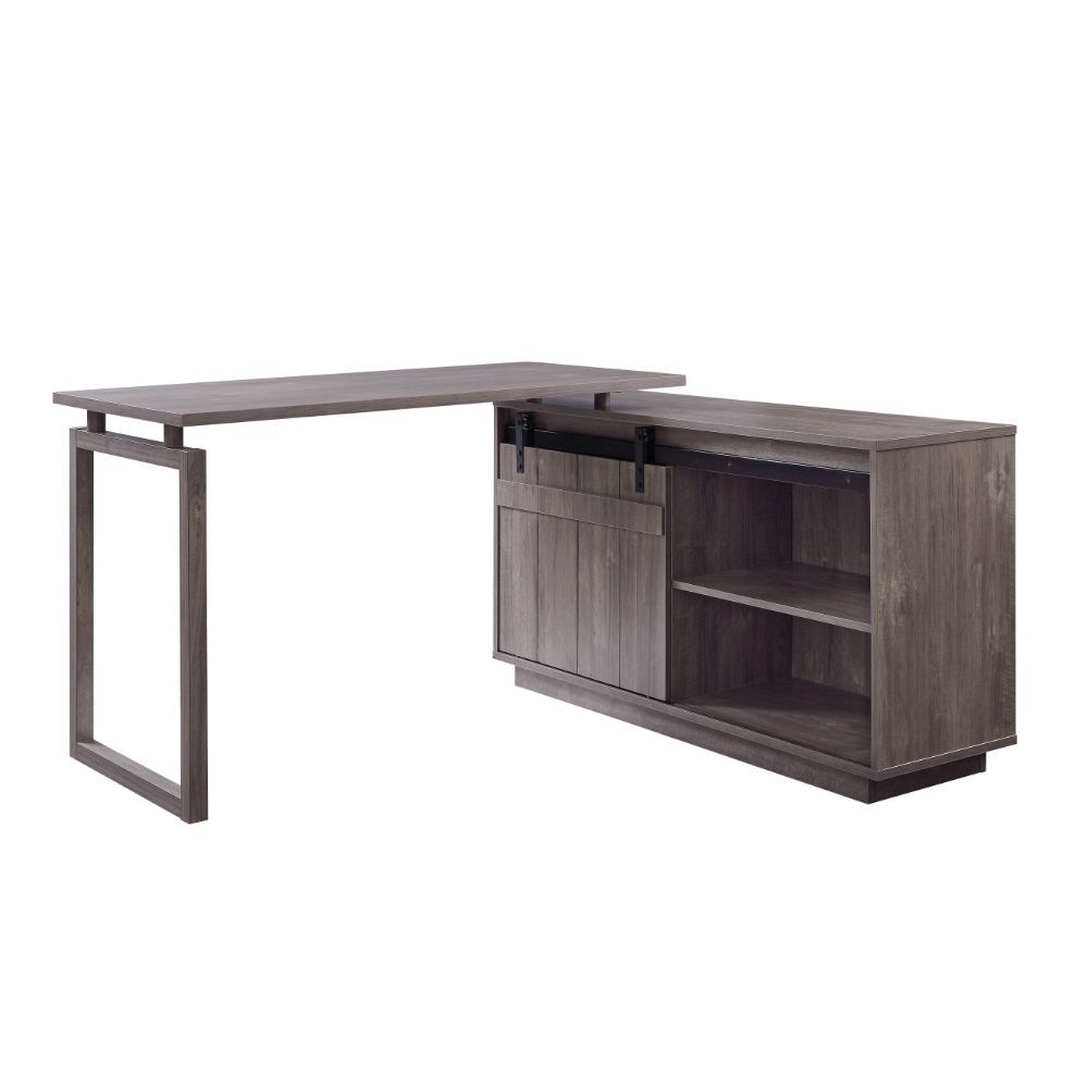 L-Shape Rectangular Writing Desk & Cabinet with Barn Door Gray Washed BH92270