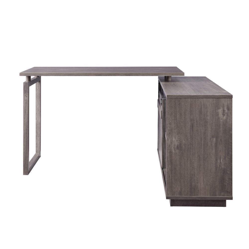 L-Shape Rectangular Writing Desk & Cabinet with Barn Door Gray Washed BH92270