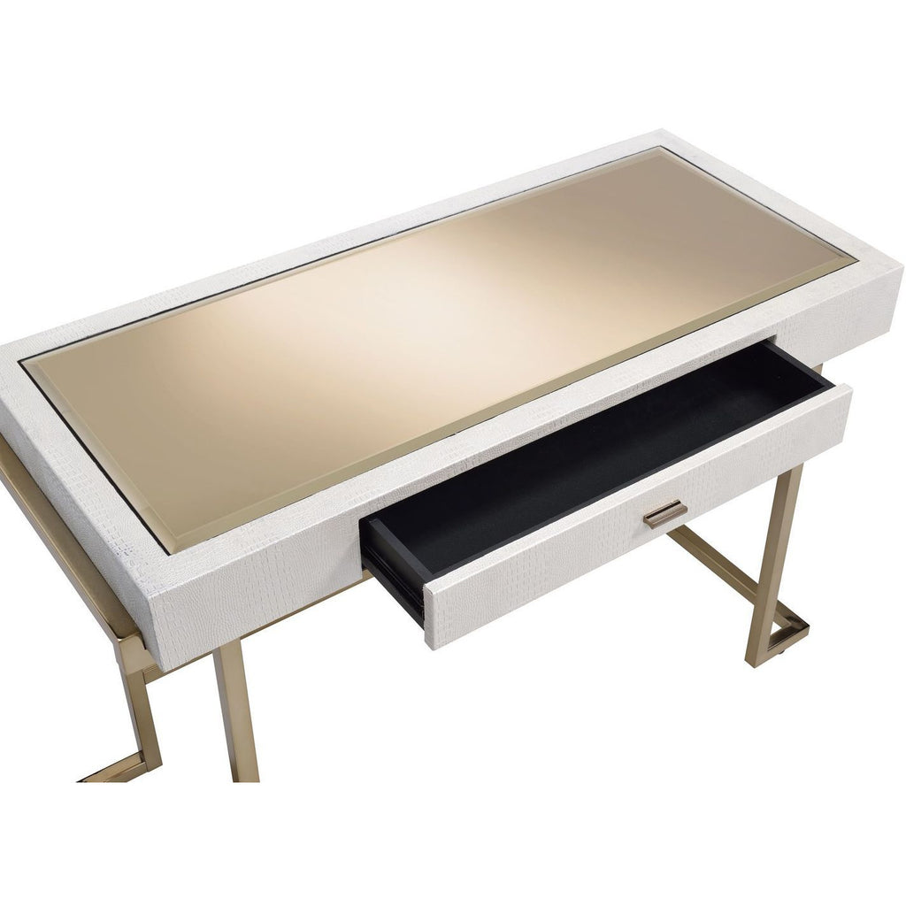 Rectangular Writing Desk With Metal Sled Base in White PU & Champagne