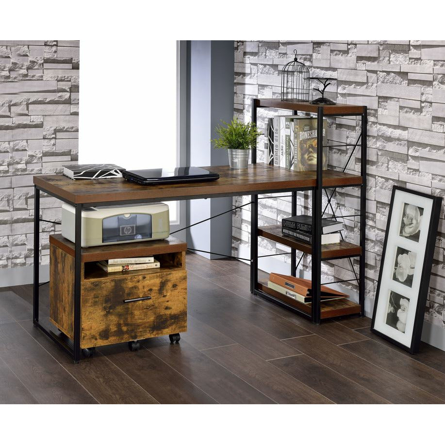 Dim Gray Wooden File Cabinet With Casters in Weathered Oak & Black
