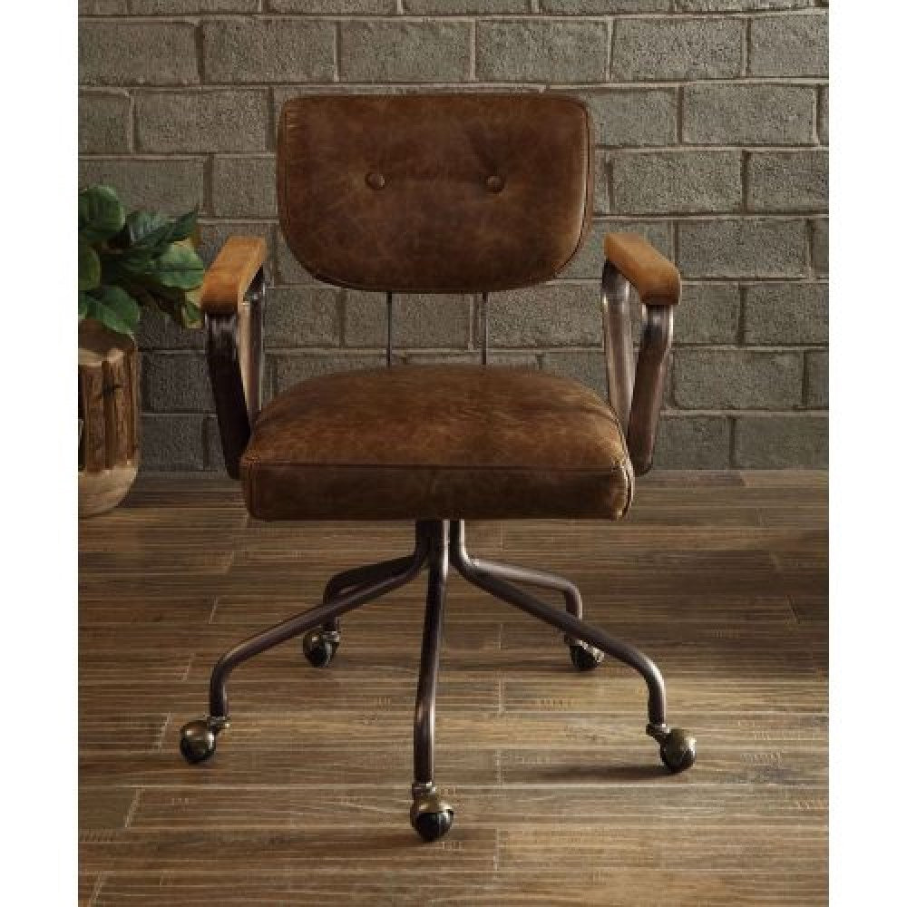 Dark Olive Green Vintage Grain Leather Armrest Office Chair with Swivel Tile