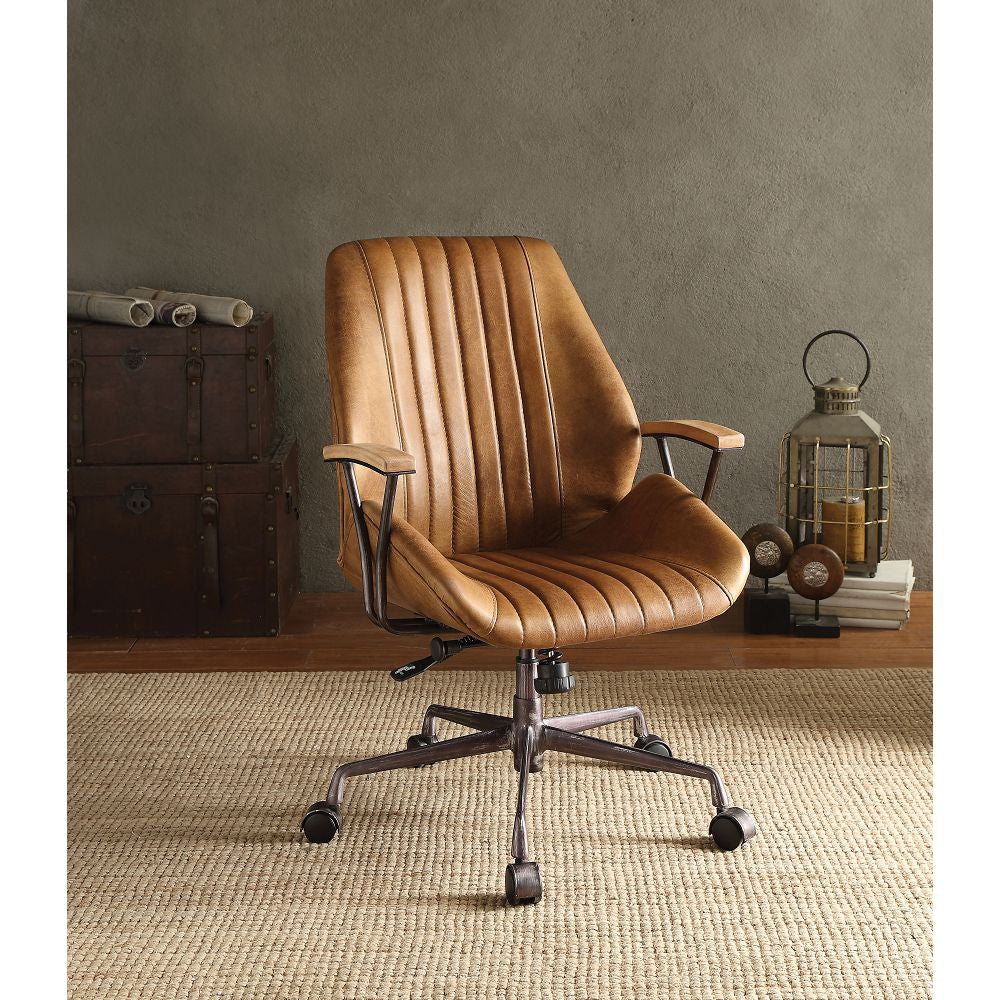 Saddle Brown Armrest Grain Leather Executive Office Chair with Swivel Base