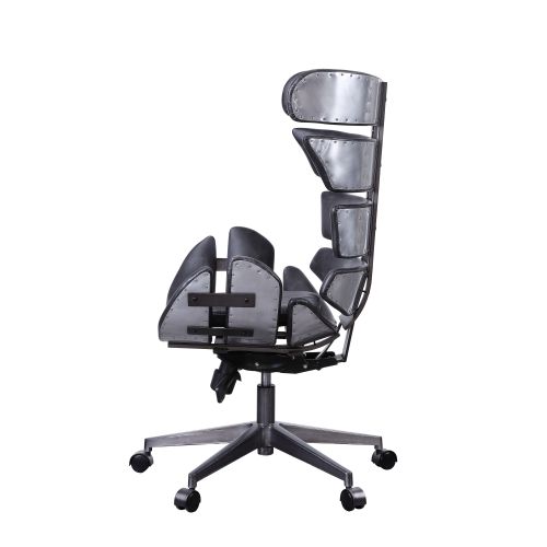 Slate Gray Armless Executive Office Chair Swivel Seat with 360 Degrees in Vintage Black Top Grain Leather & Aluminum