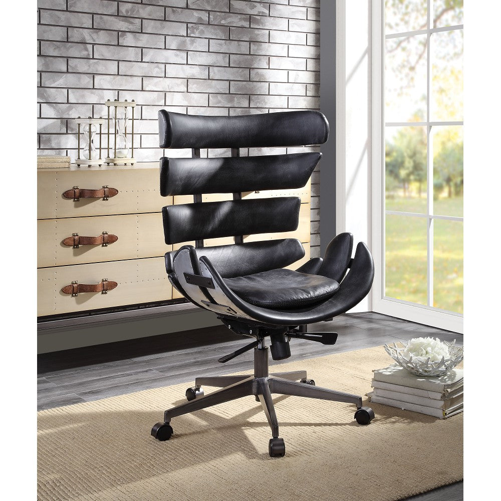 Armless Executive Office Chair Swivel Seat with 360 Degrees in Vintage Black Top Grain Leather & Aluminum BH92552